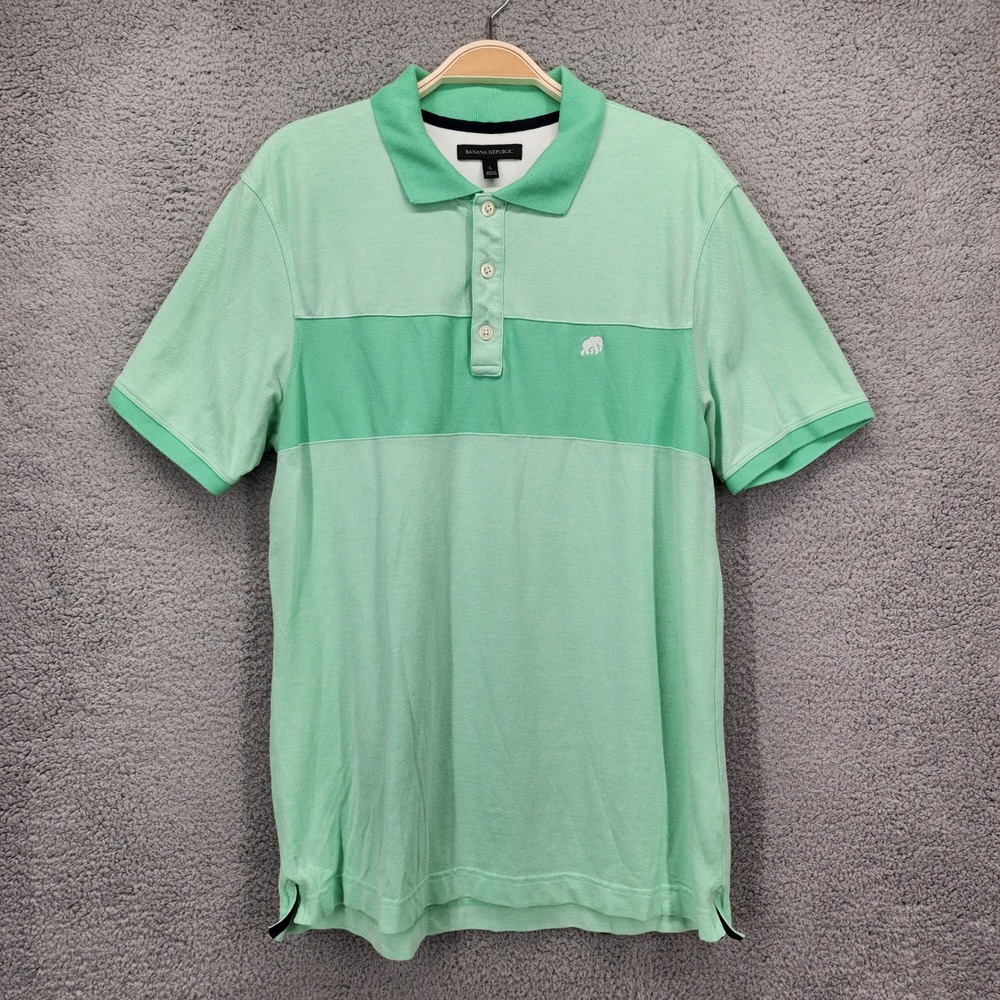 Banana Republic Mens Mint Green Striped Elephant Logo Polo Shirt Large Short Slv